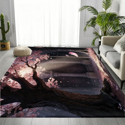 Japanese Vintage Cherry Blossom Area Rug, Ancient Sakura Tree Art Pattern, Soft Durable, Machine Washable Non-Slip Floor Carpet, Stylish Indoor Home Decor for Living Room, Bedroom, Study, Hallway, Apartment