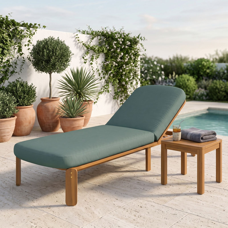 Chaise longue d'extérieur en bois d'acacia avec dossier réglable à 3 positions et coussins pour solarium, Green