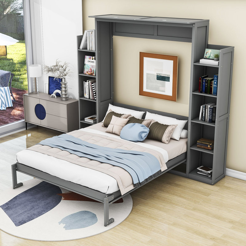 Dannen Murphy Bed with LED Lights and Adjustable Shelves, Gray, Full