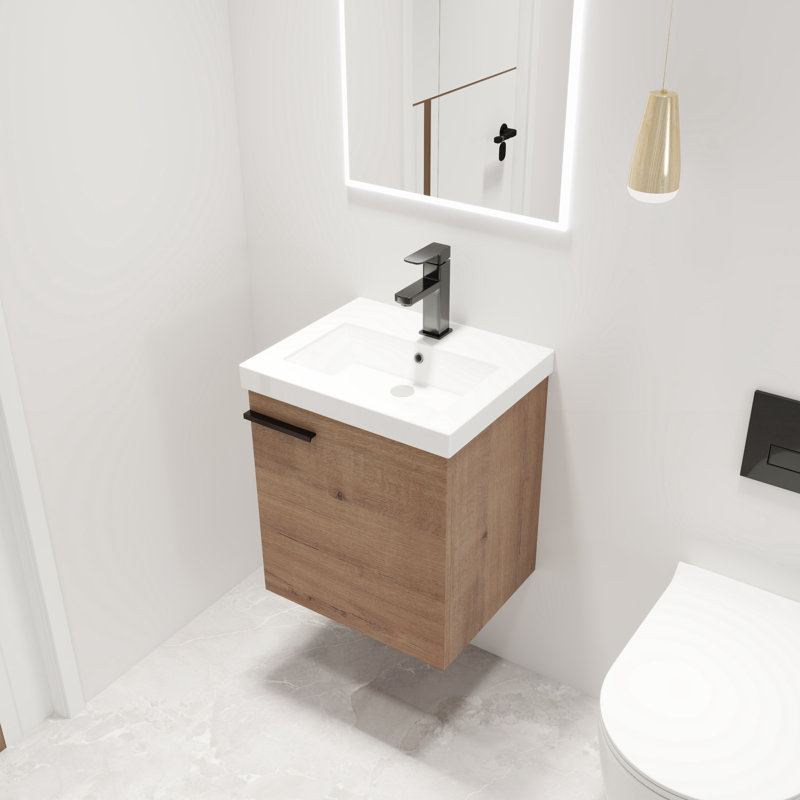  Deyvi 18" Single Sink Wall Mounted Bathroom Vanity,Floating Vanity With 1 Door,White Ceramic Top, Light Brown