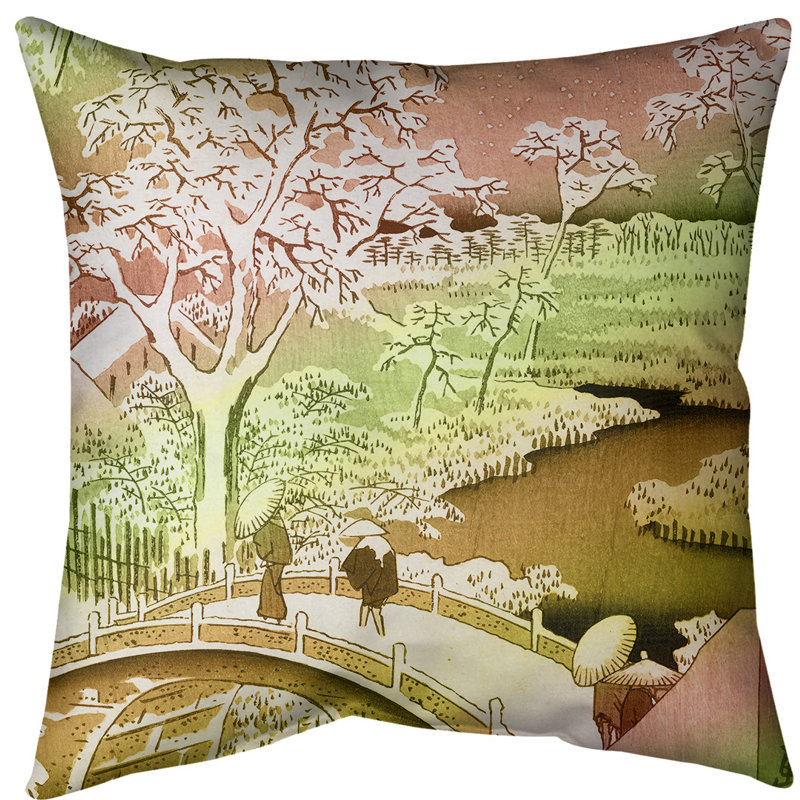Housse de coussin meguro et pont tambour et coucher de soleil hill, 16 po x 1 po, Rouge / dégradé vert, Polyester filé