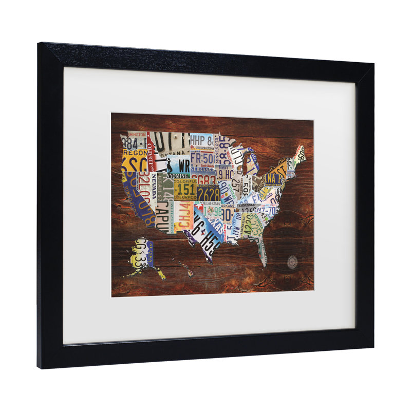 « USA License plaque Map »-impression d’art graphique, Cadre noir, H 11 po x l 14 po x P 0,5 po, Noir