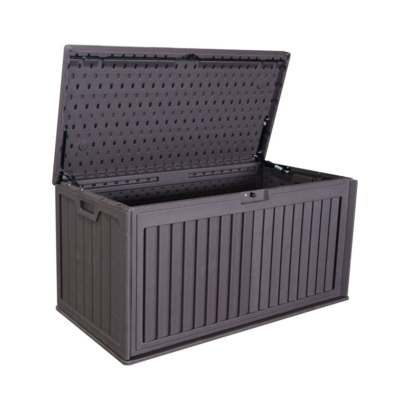 Coffre de terrasse 100 gallons - Résine, amplement d'espace pour les accessoires de piscine, résine brune verrouillable, meubles de patio et outils