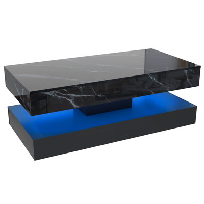 Table basse de 39,4 po moderne à DEL ultrabrillante avec 2 tiroirs de rangement, lumière centrale RVB de contrôle APP, imperméable et résistante aux égratignures