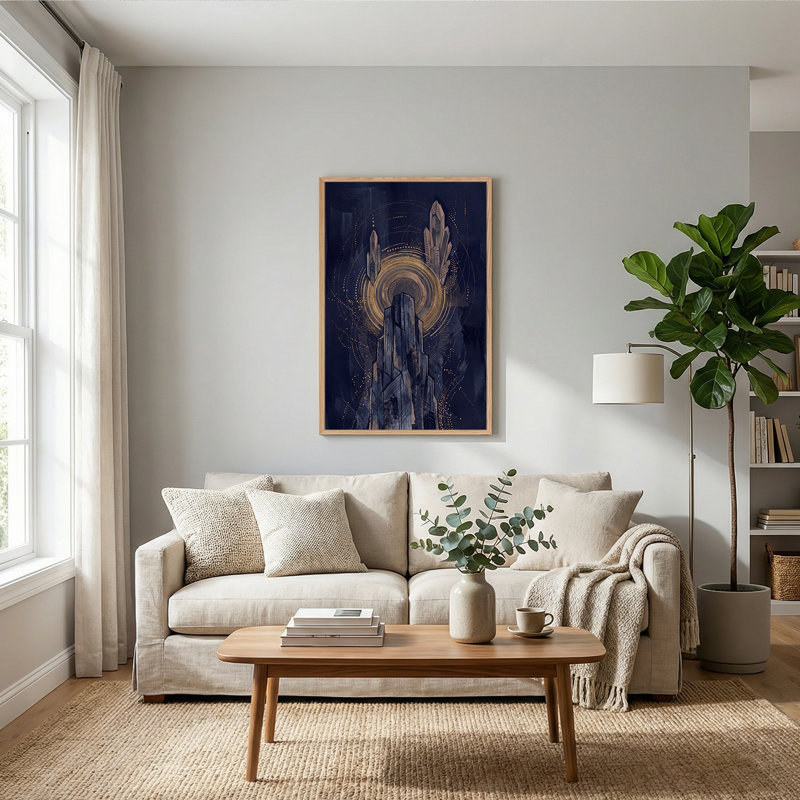 Art mural en toile bleu foncé avec des anneaux dorés brillants, 36"H x 24"W