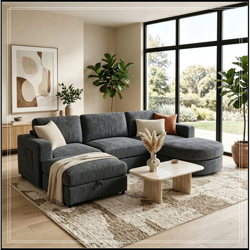Canapé modulaire en U avec repose-pieds courbé et repose-pieds avec rangement, Gris