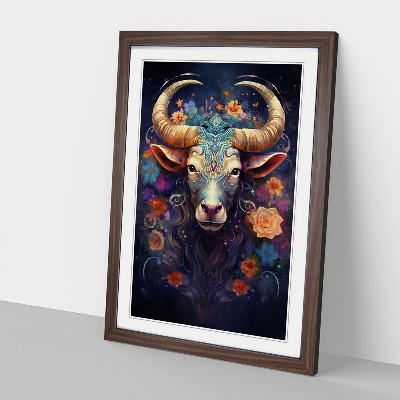 XYZ-FRM-V1223-1610 Taurus Zodiac Impressionism - Single Picture Frame Print on Wood, Walnut , 64cm H x 46cm W x 2cm D