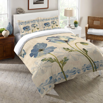 Indigo Watercolor Poppies Traditional Cotton Floral Comforter