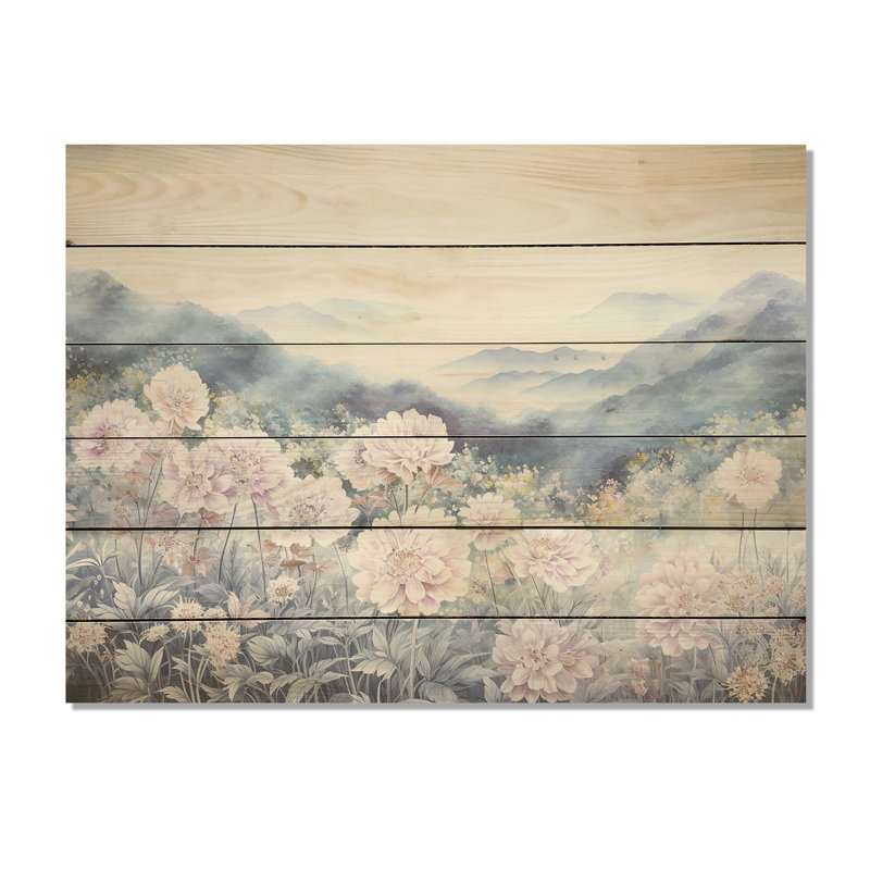«Mums Flowers In Mountain Scenery I» - Fleurs, art mural sur bois de pin naturel, H 10 po x l 20 po