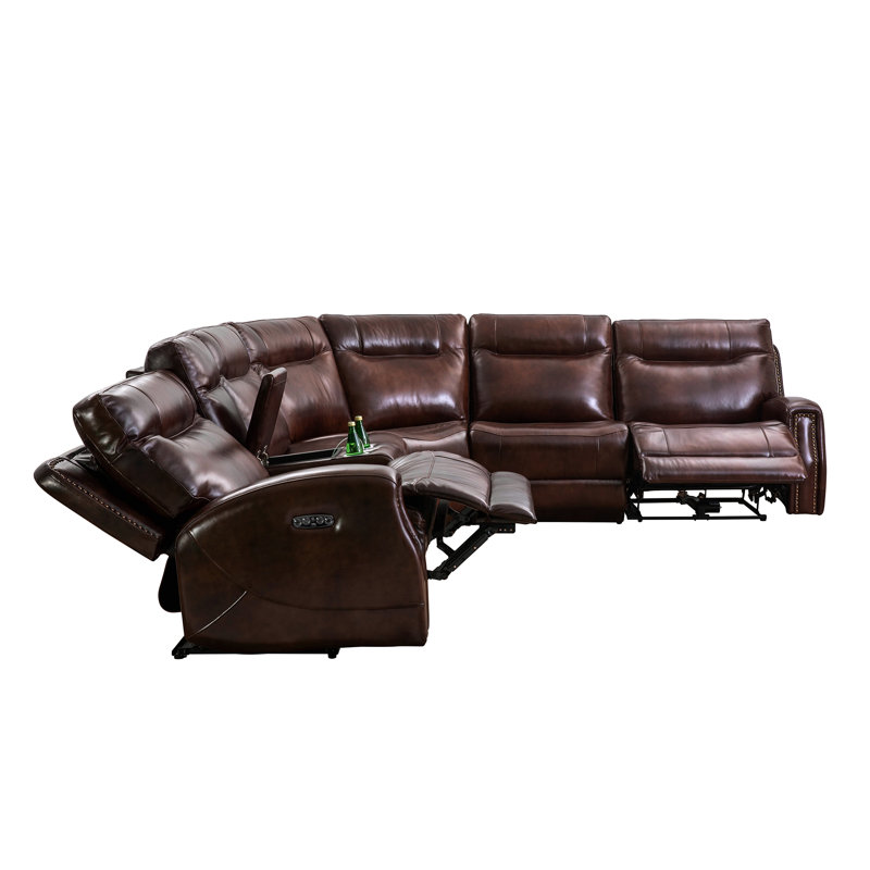 6-Piece Genuine Top Grain Cowhide Leather Power Reclining Sectional With Bluetooth Speaker And Multifunction Console Station