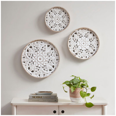 Distressed White Floral 3-Piece Carved Wood Wall Decor Set
