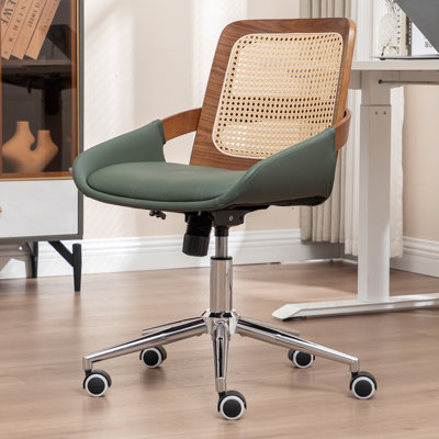 Fauteuil de bureau pivotant - Fauteuil de bureau rembourré en similicuir et dossier en rotin, fauteuil de direction ergonomique avec support lombaire