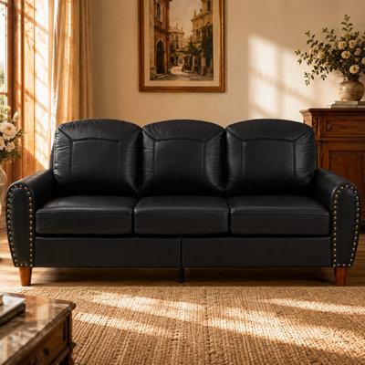 Varlune 81.5" Faux Leather Sofa, Classic 3-Seat Couch with Rolled Arms, Brass Nailhead Trim, Pocket Spring Cushions, Solid Wood Legs and 900 lbs. Capacity