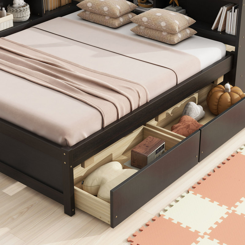 L-Shaped Bookcases Bed With Power Outlets, USB Charging Ports,Two Drawers, Full/Double