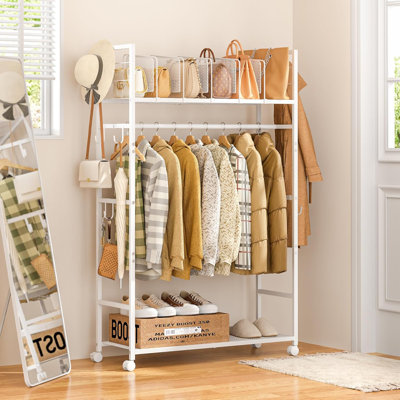 Portable Clothes Rack With Adjustable Shelf Divider, Freestanding Closet Organizers And Storage, Garment Rack And Purse Storage With 8 Hooks, Clothes Organizer On Wheels For Hanging Clothes