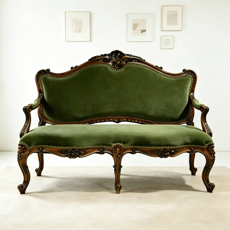 American-style Solid Wood Carved Green Sofa
