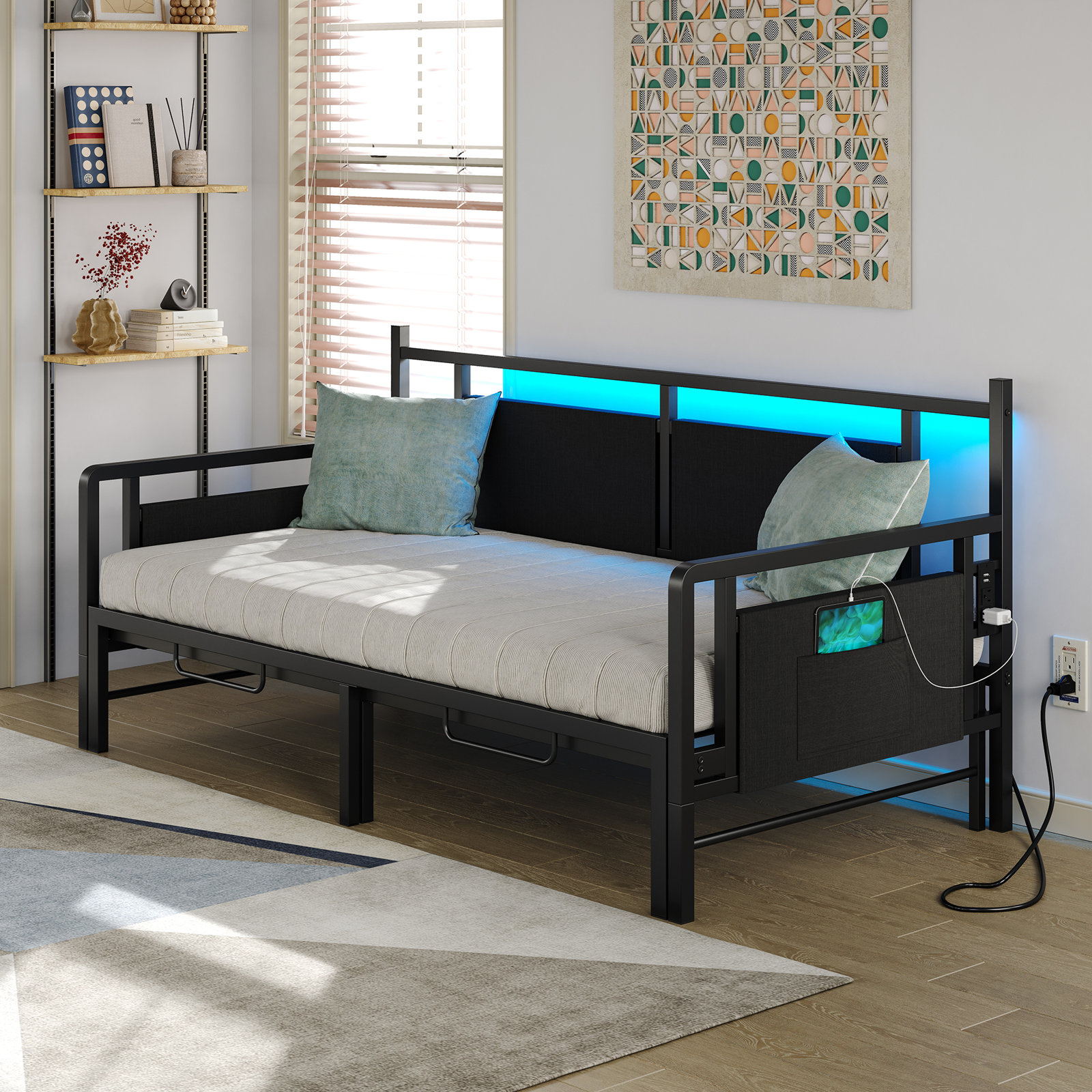 Merrylee Pull-out  Daybed,Metal Twin Daybed with Charging Station and LED Lights,Guest Bed with Storage for Adults