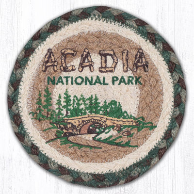  Acadia Bridge Round Coaster 7" H Scenic Jute Accent with Rustic Landscape Design