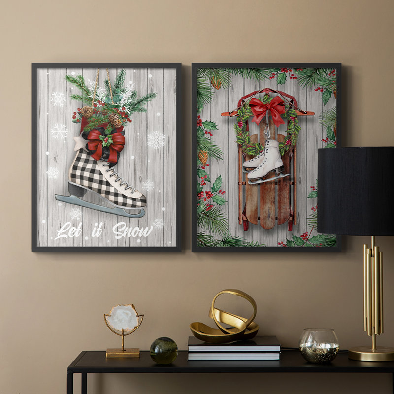 Patins de Noël - reproduction encadrée de qualité supérieure - prêt à être accroché - aucun clou requis - aucun clou requis