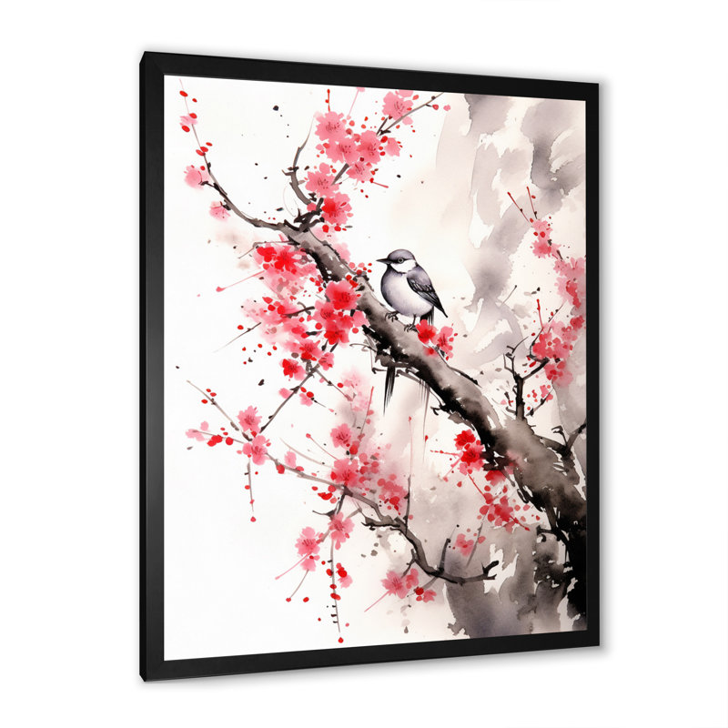 Art asiatique, oiseau Sumi, sérénité - impression, Cadre simple noir, H 20 po x l 12 po x P 1 po