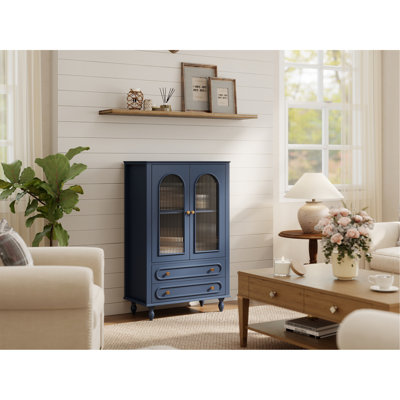 46.5'' Glass Display Cabinet with Ribbed Glass Doors,Wooden Curio Cabinet with 2 Drawers & Adjustable Shelf, Freestanding Buffet Cabinet Unit for Living Room Dining Room, Navy Blue