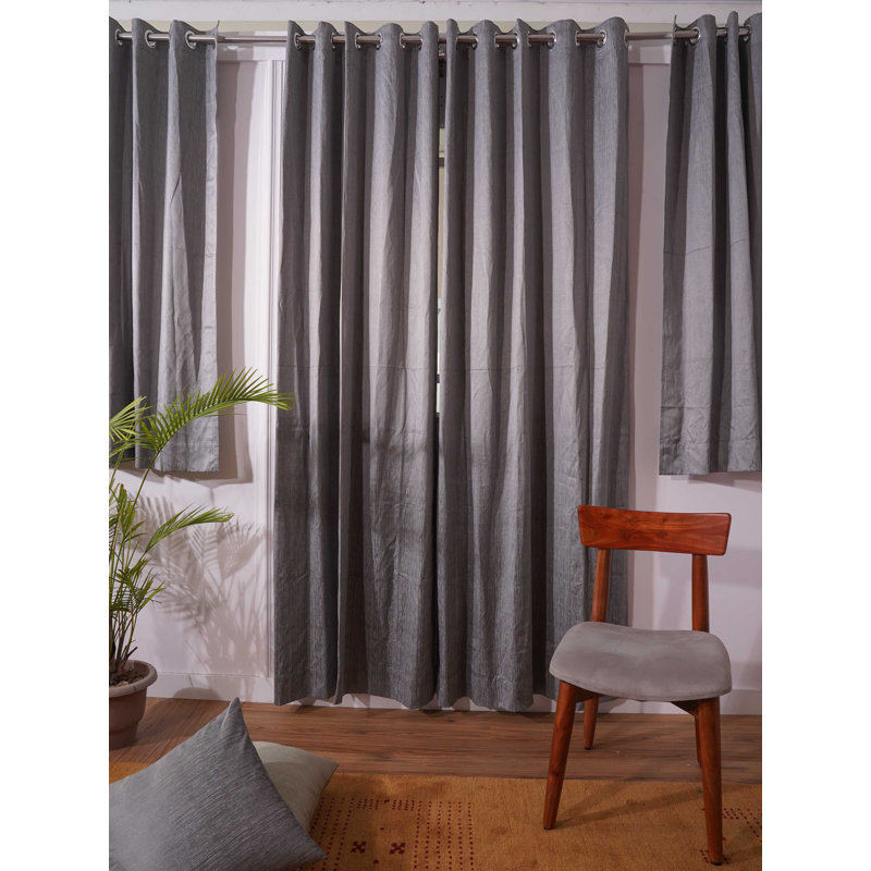 Decorative Grommet Curtains, 360 GSM Poly Cotton Jacquard Fabric, Plain Solid Textured, Dark Blue, 48" x 95", Set of 2 Panel