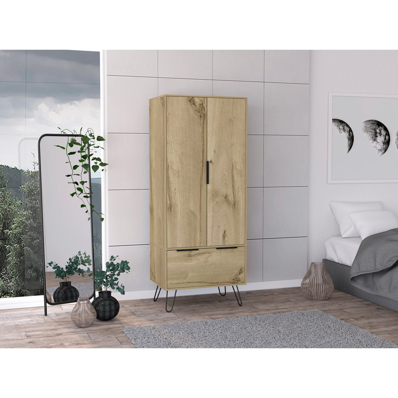 Garde-robe en bois clair avec 2 portes et 1 tiroir