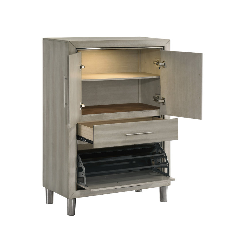 Commode haute Levy, armoire à DEL et 3 tiroirs avec range-chaussures, gris