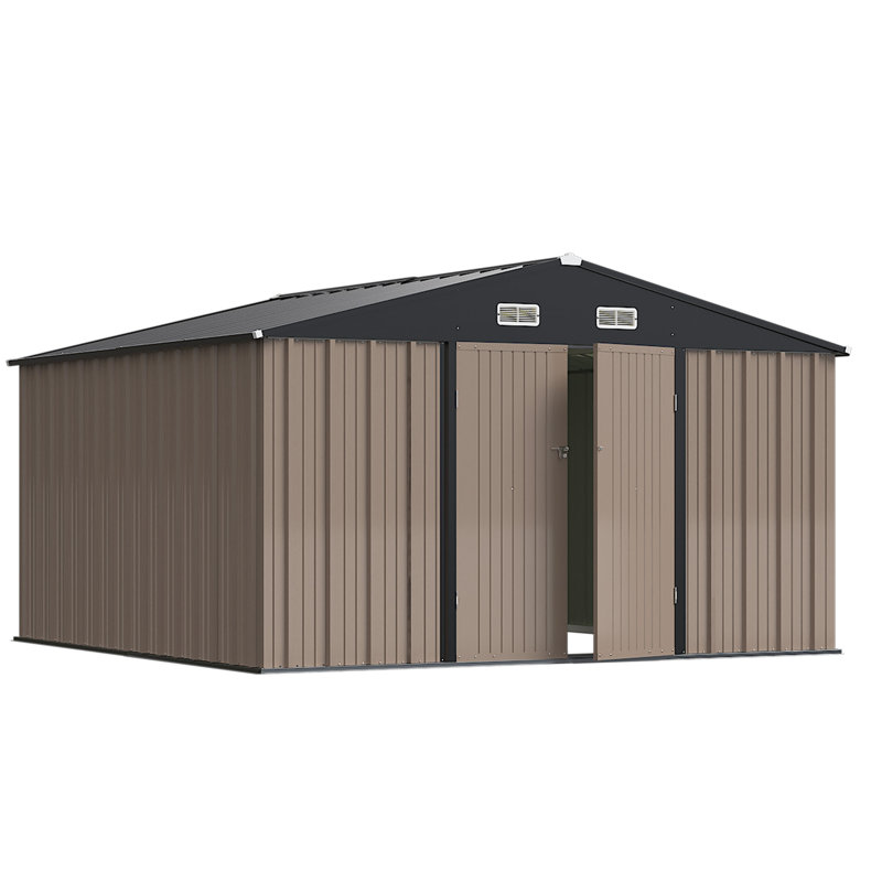 Outdoor Garden Metal Storage Shed with Lockable Double Doors, Brown, 76.4" H x 125.5" W x 120" D