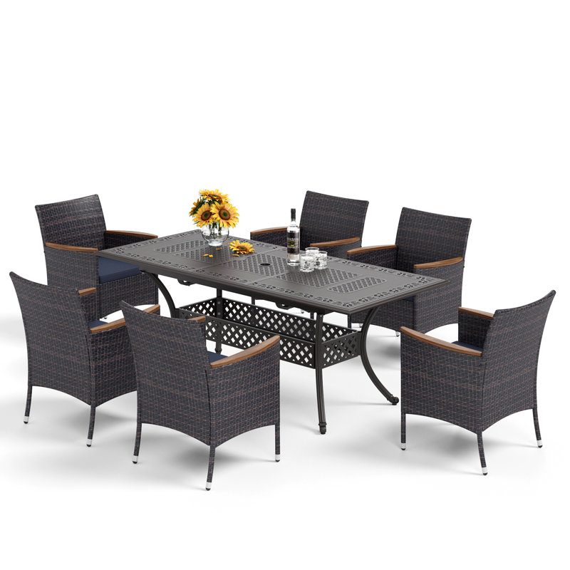 Asfand 6 - Person Patio Dining Set with Extendable Rectangular Table , Cushions Included