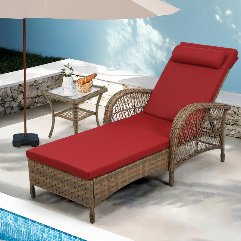 Outdoor Chaise Lounge Chair With Side Table, All Weather Pe Rattan Patio Lounge Chair With Cushion, 6-Positions Adjustable Pool Sunbathing Recliner For Poolside, Backyard, Armrest & Pillow, Red
