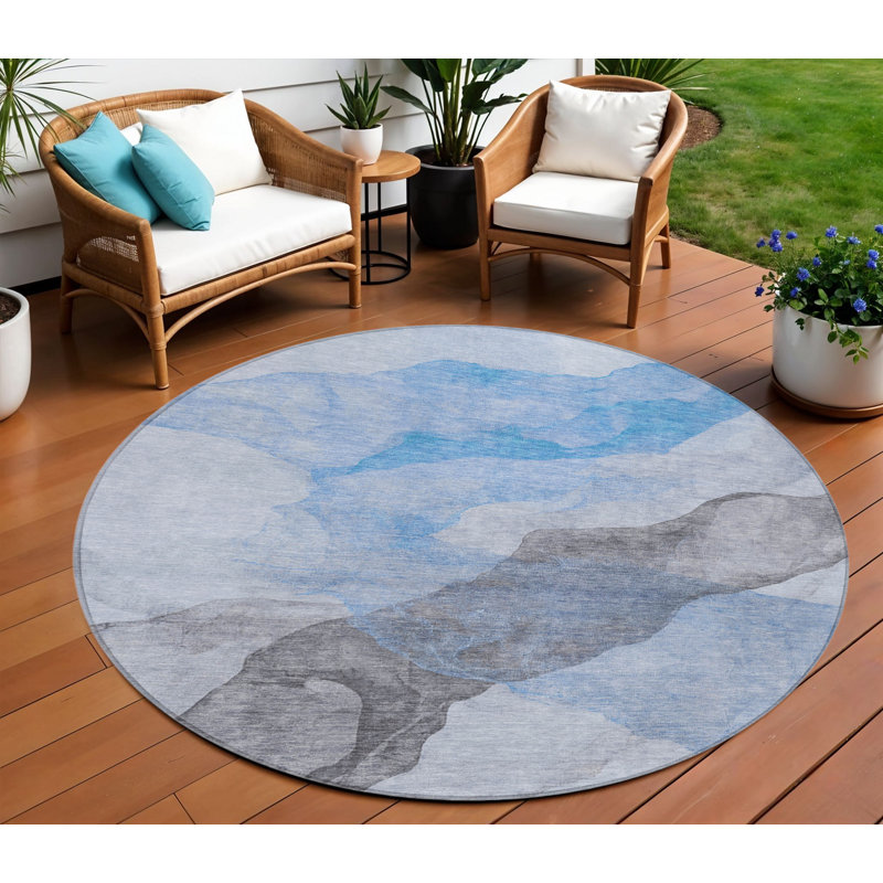 Tapis extérieur rond lavable abstrait bleu ciel et gris 8 pi