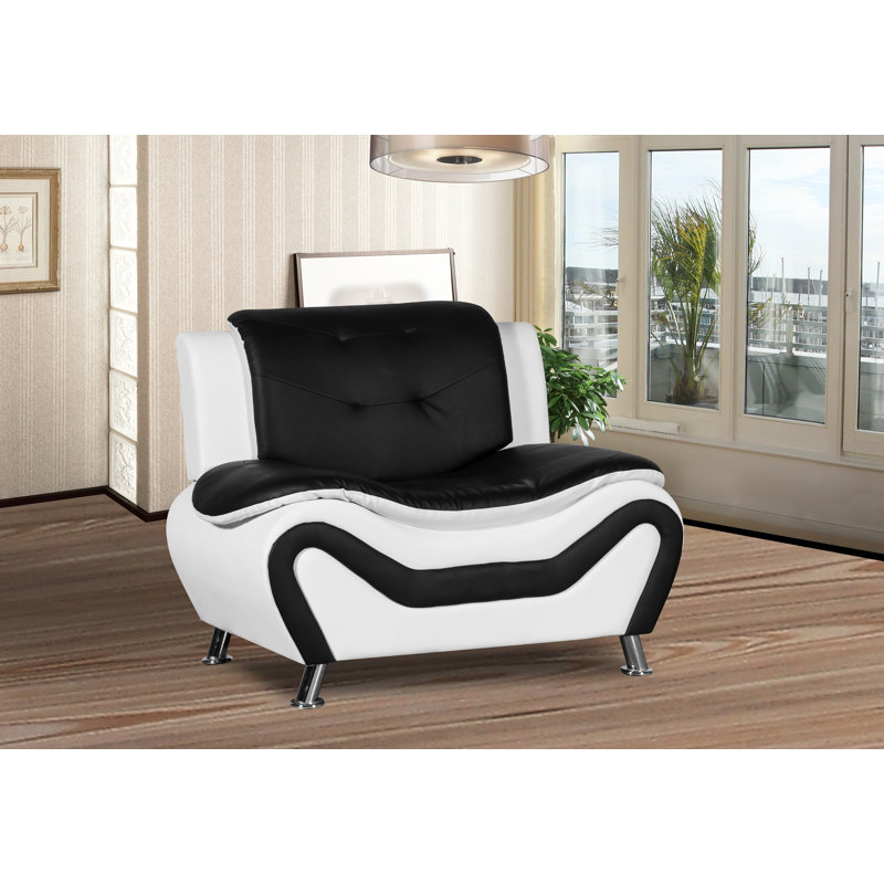 Fauteuil club en velours touffeté de 46 po de largeur Lizbeth, Similicuir noir / blanc