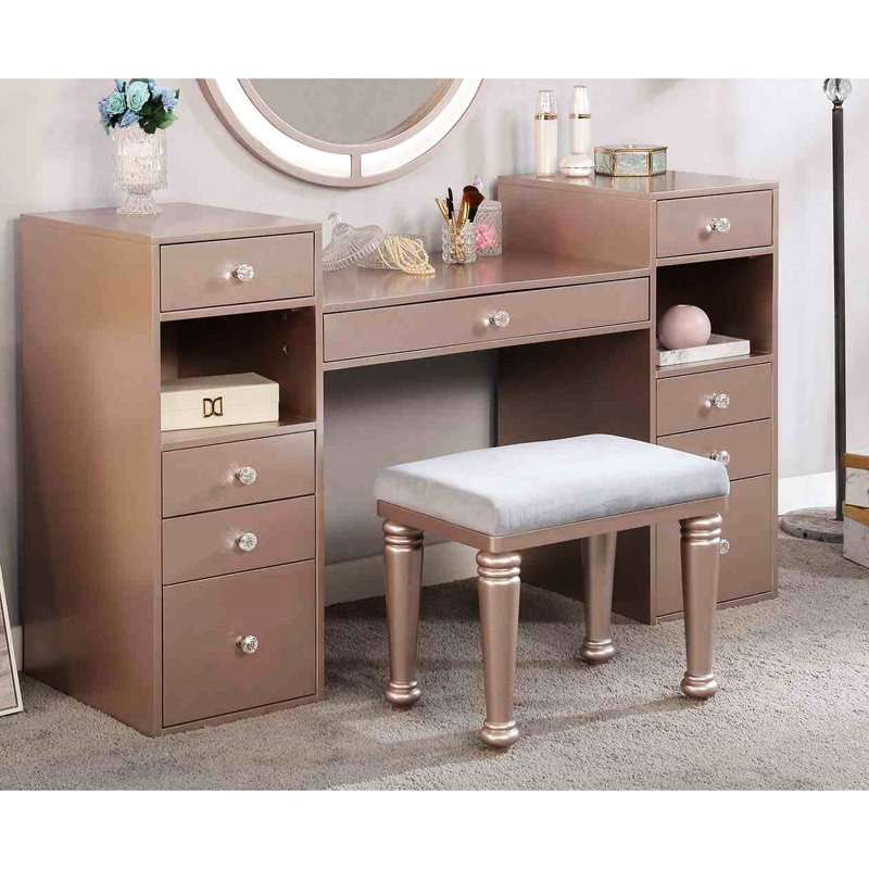Meuble-lavabo 1 pièce, miroir de 3 m, fonction à DEL, finition rosée, bois massif, tiroirs multiples et tabouret rembourré, à utiliser