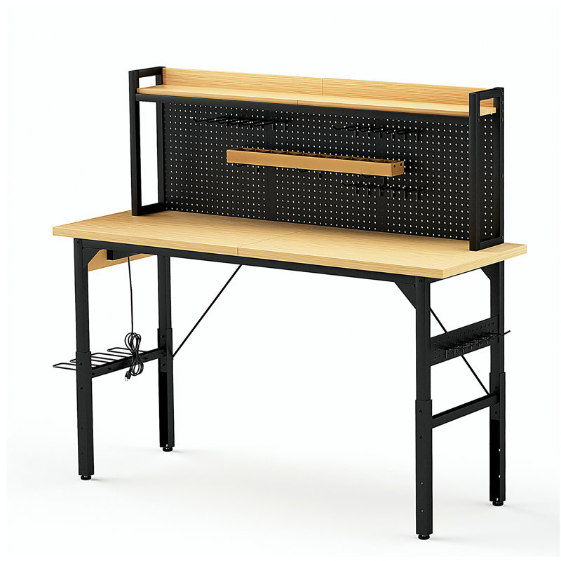 Établi réglable 71 po avec panneau perforé, établi en bois robuste avec roulettes, capacité de charge de 1 600 lb, établi roulant avec prise CA / USB, crochets, tablette, pour garage, atelier, bureau, maison.