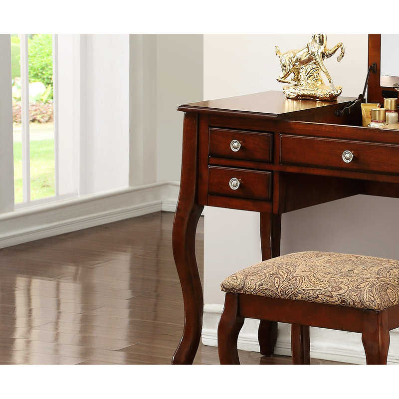 Tabouret de meuble-lavabo de chambre à coucher, couleur cerise, style moderne, siège confortable, placage de peuplier avec finition, panneau rabattable, bois d'hévéa