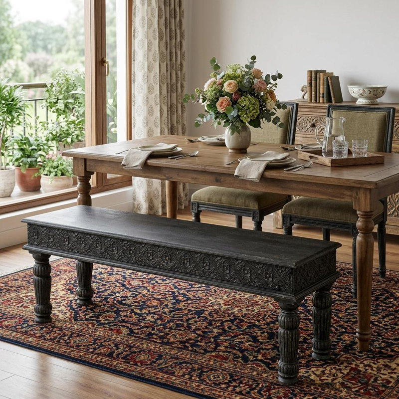 Gracie Mills 58-Inch Black Floral Distressed Solid Wood Dining Bench