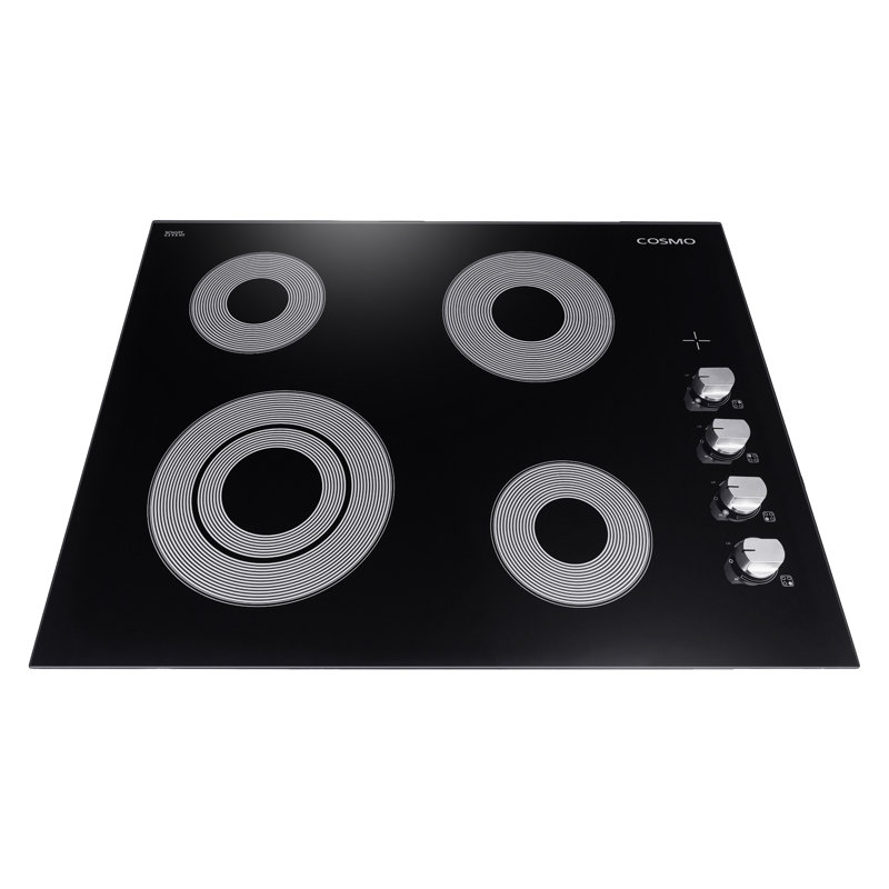 Plaque de cuisson électrique en vitrocéramique de 24 po avec 4 éléments Cosmo, élément à deux zones, voyant lumineux de surface chaude et boutons de commande