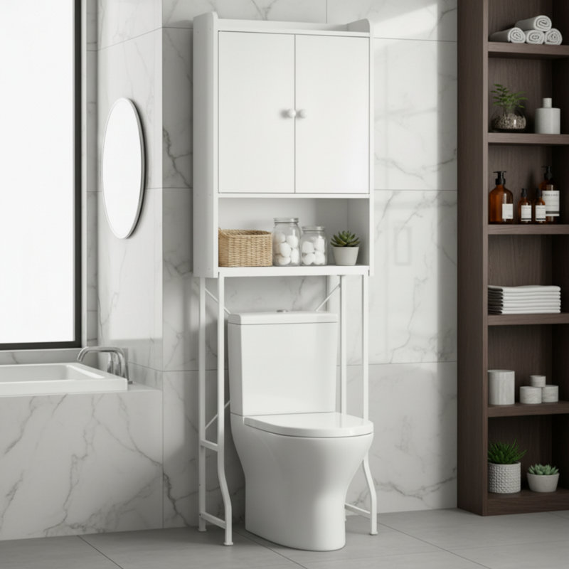 Armoire de rangement anti-basculement à trois niveaux pour la salle de bain, tablettes réglables blanches + tringle inférieure, une solution peu encombrante au-dessus de la toilette.