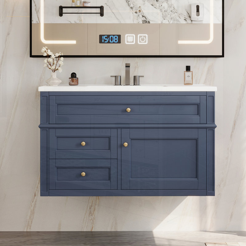 Meuble-lavabo mural avec 2 tiroirs, 1 tiroir basculant, lavabo simple en céramique à 3 trous, armoire de rangement flottante moderne
