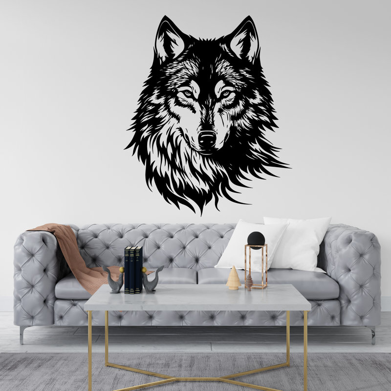 Adhésif mural tête de loup, art mural loup, décoration murale chambre loup, Vert foncé, H 22 po x l 18 po