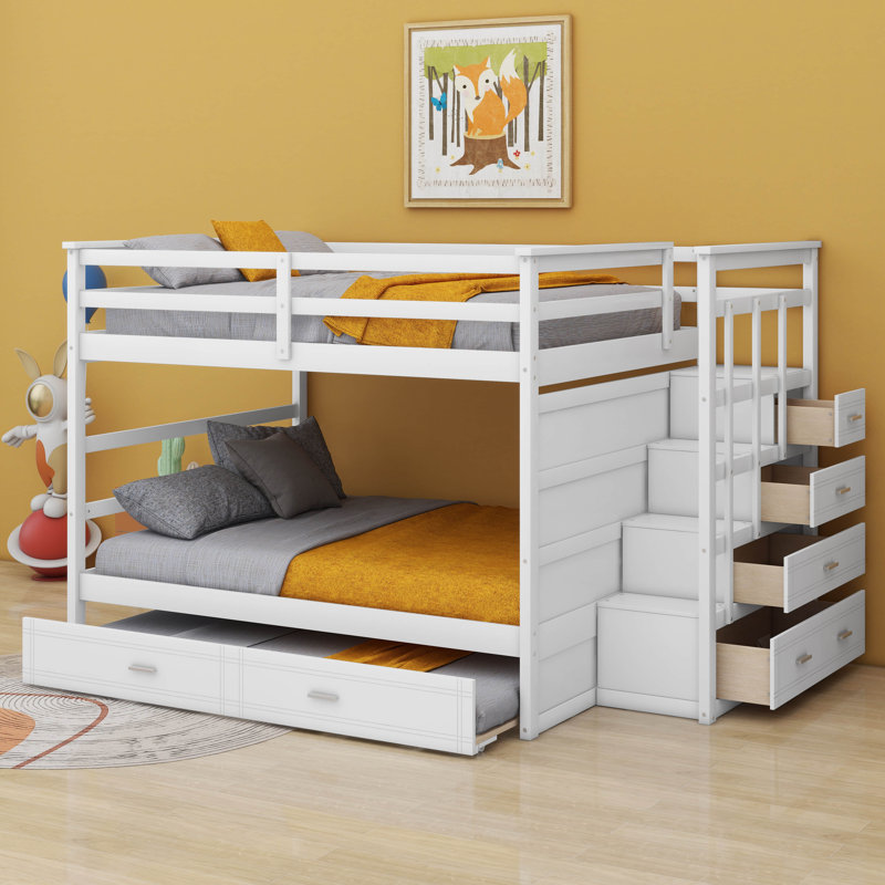 Bunk Bed with Storage Stairs and Trundle, White, Full over Full