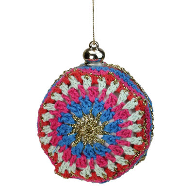 Red and Blue Knit Embroidered Hanging Christmas Ball Ornament 4" (100mm)