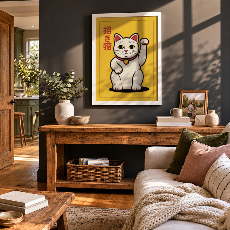 Lucky Beckoning Cat Japandi - Framed Print, A3 - 42.0 x 29.7 cm, White