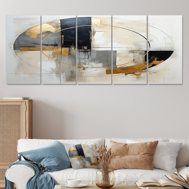 Pleine lune, équilibre du temps III - Décoration murale abstraite 5 pièces, H 32 po x l 80 po