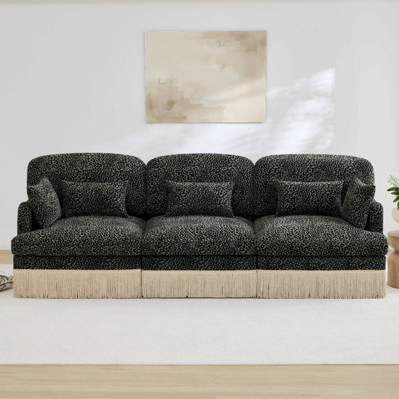 Canapé 100% confortable en chenille à imprimé léopard de 100 po, bord à pampille délicat, canapé modulaire à la mode moderne, dossier et siège ergonomiques