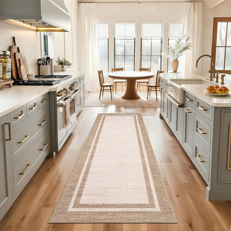 2x6 Washable Neutral Runner Rug – Minimalist Bordered Print, Non-Slip TPR Backing, Soft Thin Mat for Entryway, Kitchen (Black)