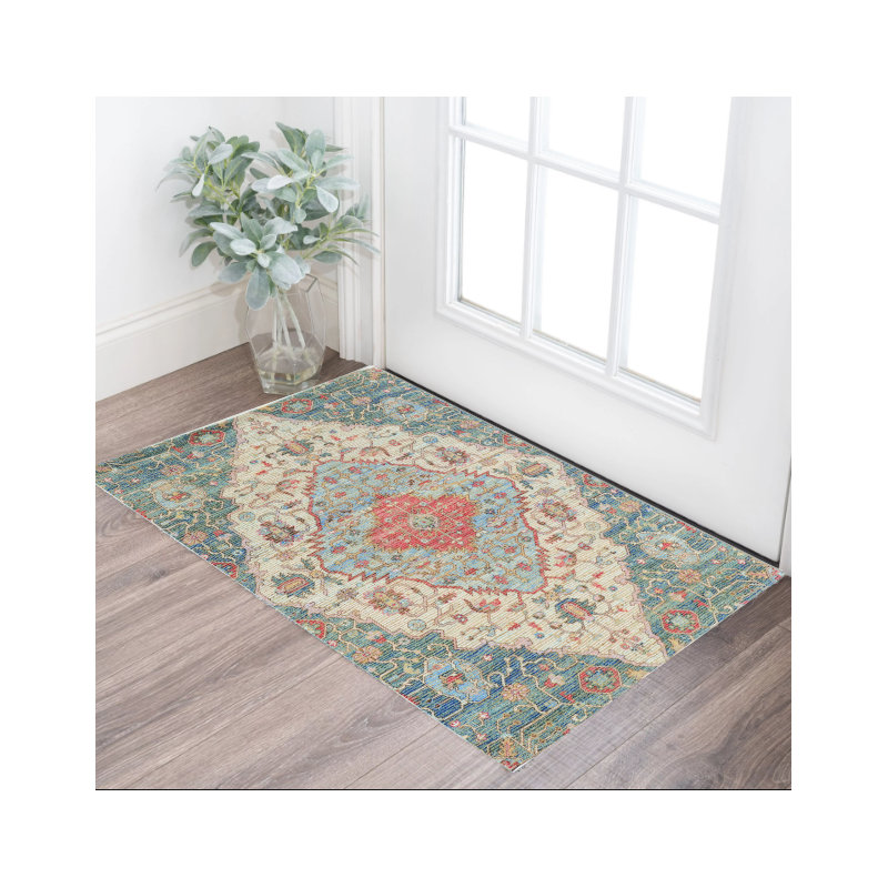 Mckenley Blue and Beige Medallion Hand Woven Area Rug, Rectangle 2' x 4'