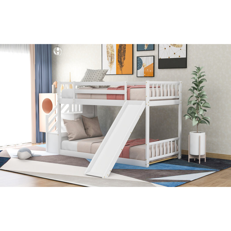 Lit simple superposé au-dessus d'un lit blanc avec glissade et escalier - Tablettes de rangement extra-robustes, Blanc