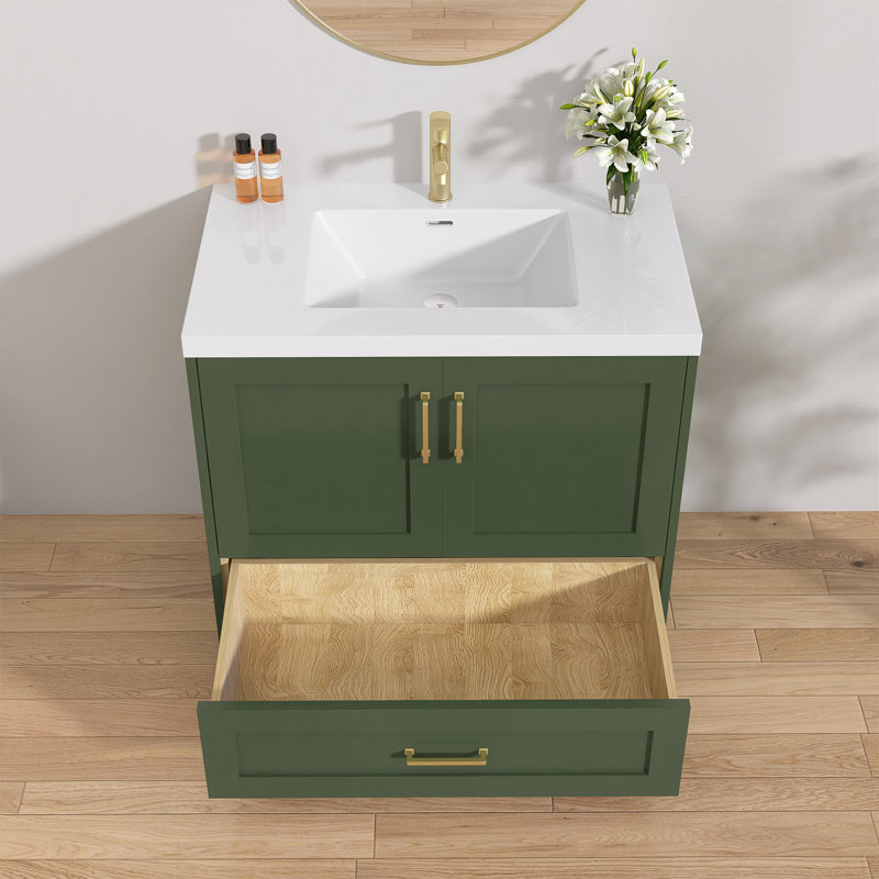 Meuble-lavabo simple en bois massif Arham, Vert, Or